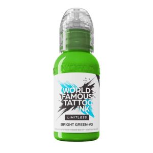 Flacone inchiostro verde brillante tattoo World Famous Limitless Bright Green v2 linea REACH 2023.