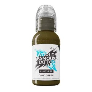 Flacone inchiostro verde militare tattoo World Famous Limitless Camo Green linea REACH 2023.