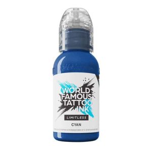 Acquista Cyan di World Famous Limitless. Inchiostro ciano tattoo professionale da 30ml, conforme REACH 2023. Colore brillante, sicuro e fluido.