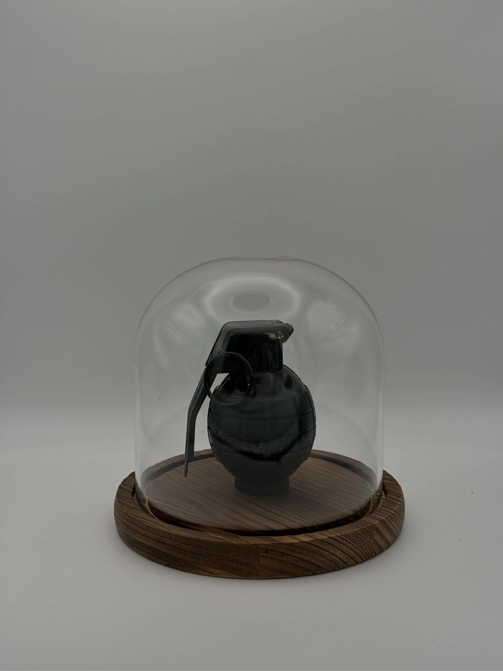 Oggetto d'arredamento moderno: granata decorativa nera in cloche di vetro su base in legno scuro.